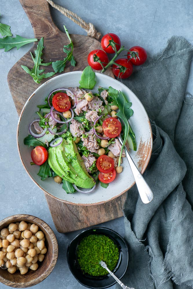 salade met kikkererwten en tonijn, lunch salade recept