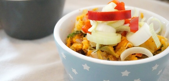 zoete aardappel stamppot met prei