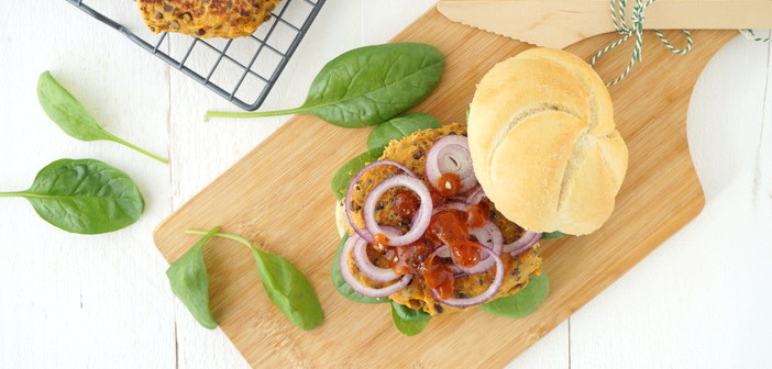 zoete aardappel linzen burger, recept, vegetarische burger, linzenburger