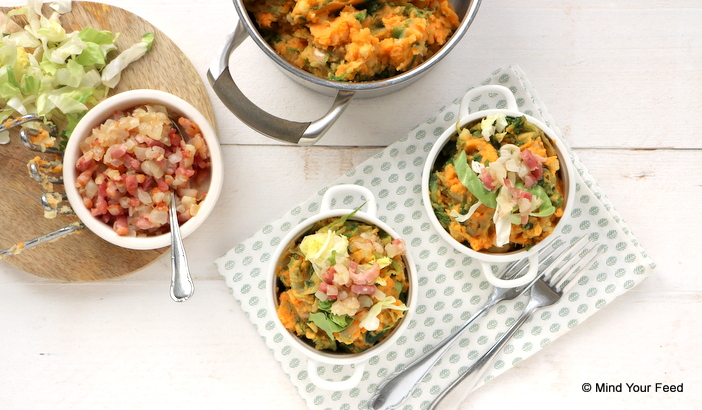 zoete aardappel andijvie stamppot, zoete aardappel recepten, zoete aardappel stamppot, zoete aardappel quiche, zoete aardappel gerechten, zoete aardappel uit de oven, vegetarische recepten zoete aardappel. 