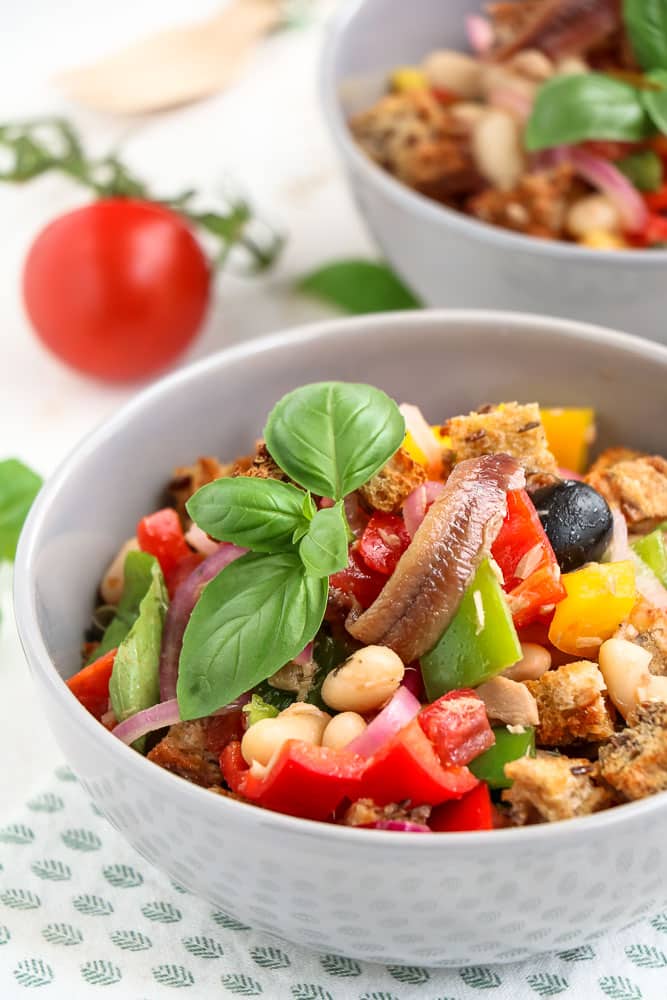 Panzanella, Toscaanse broodsalade, recept klassieke panzanella, salade met oud brood