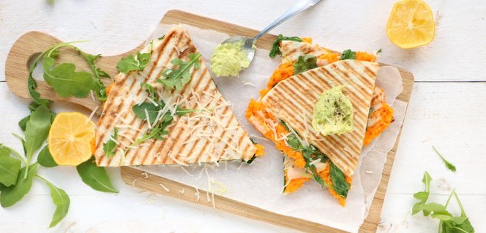 quesadilla met zoete aardappel, avocado, rucola, recept, wraps met zoete aardappel