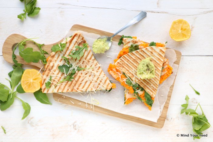 quesadilla met zoete aardappel, avocado, rucola, recept, wraps met zoete aardappel