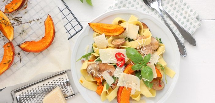 pasta met geroosterde pompoen
