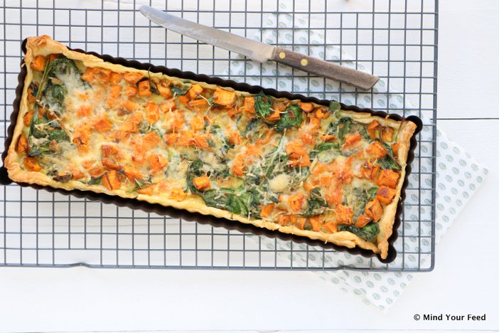 zoete aardappel spinazie quiche, quiche met zoete aardappel, hartige taart met zoete aardappel, vegetarische quiche recepten