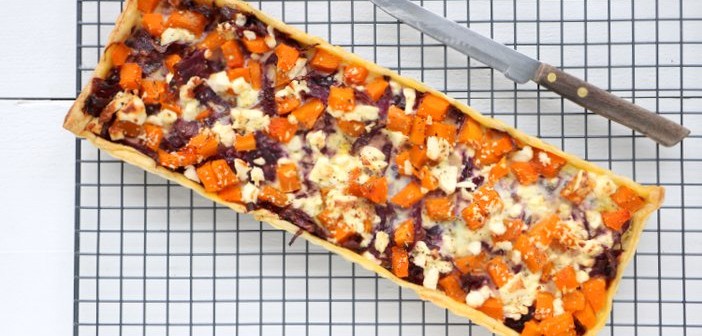 quiche met rode kool, rode kool quiche, hartige taart, recept, witte kaas, pompoen, feta