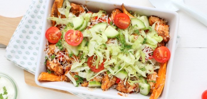 kip shoarma, shoarma schotel, shoarma uit de oven, zoete aardappel friet