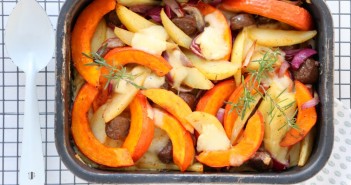 Ovenschotel met pompoen, aardappel en worst ovenschotel met pompoen