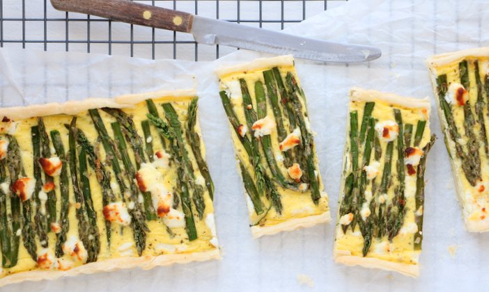 quiche met groene asperges en geitenkaas, vegetarische hartige taart, recept