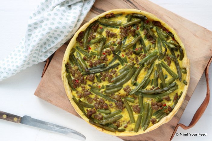 quiche met sperziebonen en gehakt, sperziebonen quiche, hartige taart met sperziebonen, quiche recept