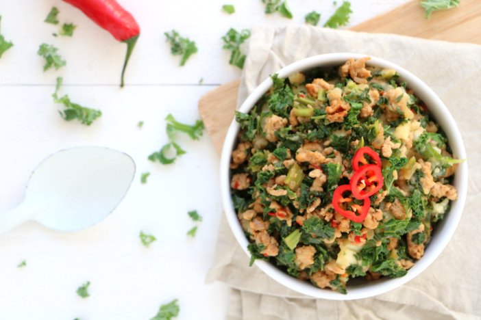 Oosterse boerenkool stamppot, recept boerenkool met kip gehakt, pittige boerenkool