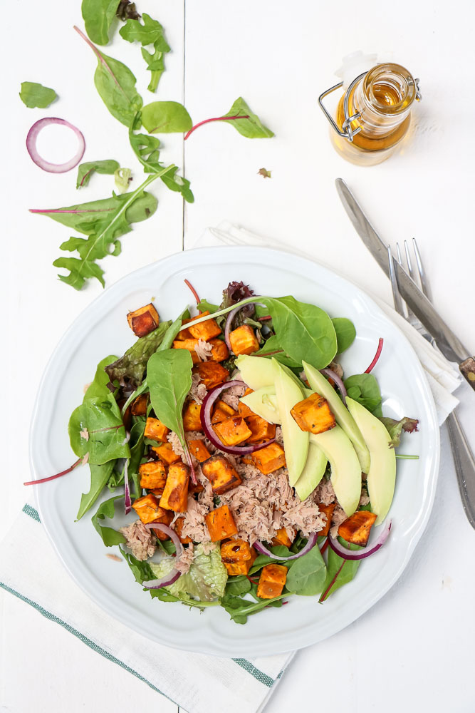 Salade met zoete aardappel en tonijn, lunch salade recept