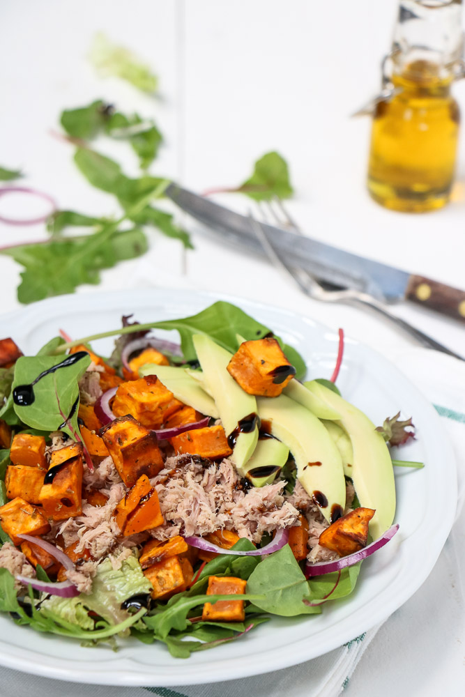 Salade met zoete aardappel en tonijn, lunch salade recept