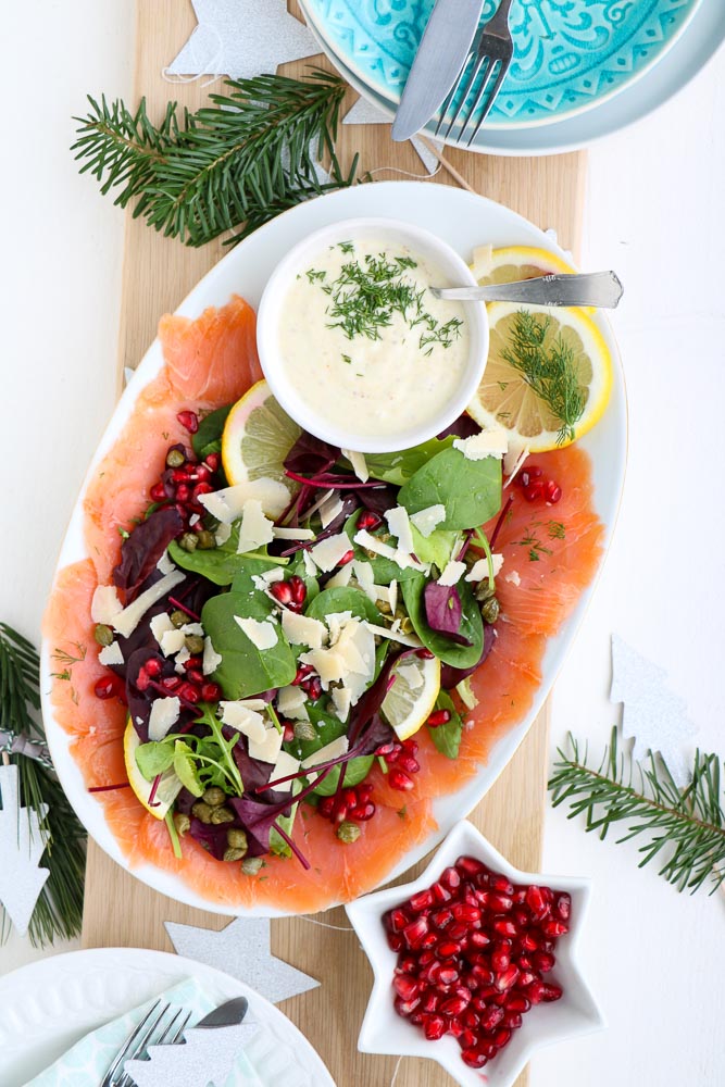 zalm carpaccio, vis carpaccio, voorgerecht, kerst, Italiaans recept, honing mosterd