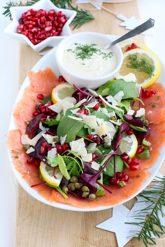 zalm carpaccio, vis carpaccio, voorgerecht, kerst, Italiaans recept, honing mosterd