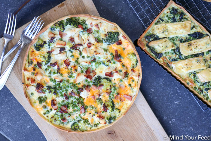 quiche met broccoli kip en bacon, makkelijk quiche recept, quiche met kip, quiche met bacon, cheddar