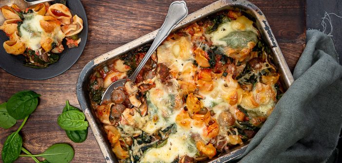 oven pasta met gehakt en spinazie, pasta uit de oven, pasta recept met gehakt