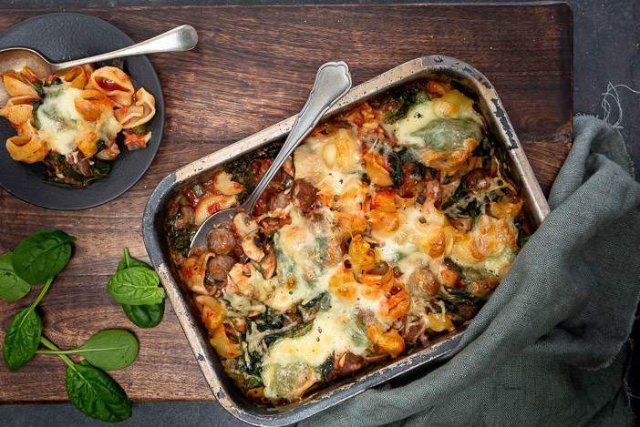 oven pasta met gehakt en spinazie