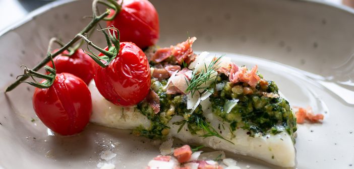 kabeljauw met pesto en krokante ham