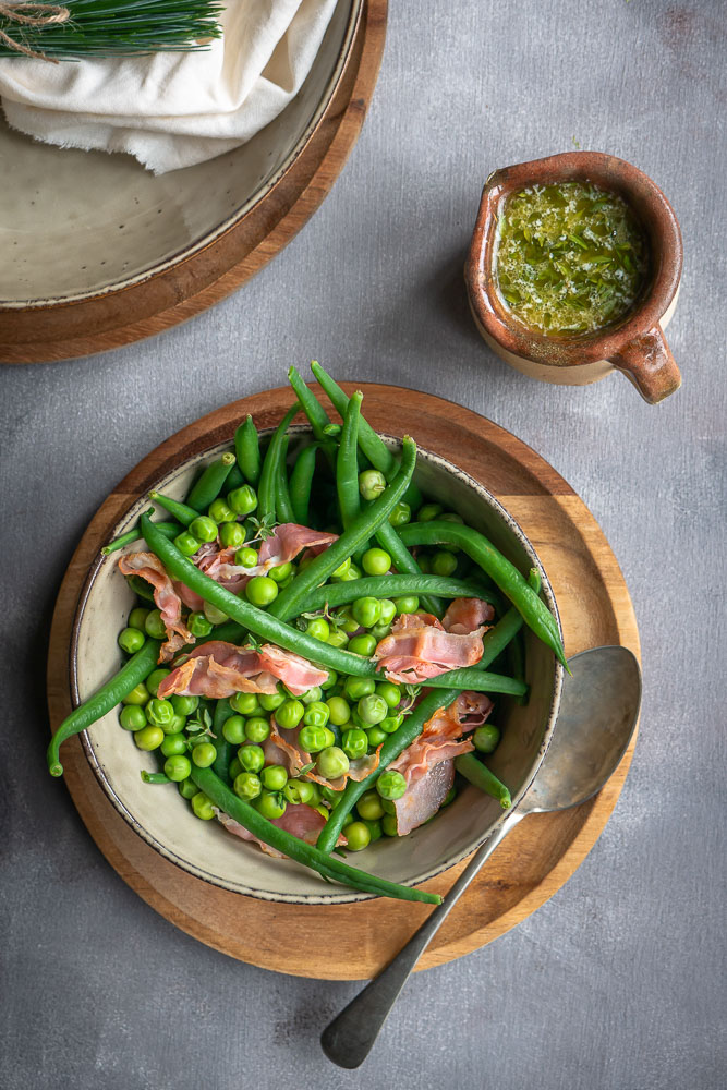 haricots verts met spek en doperwten, bijgerecht recept