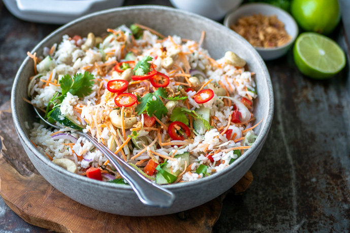 Oosterse rijstsalade, rijstsalade recept, maaltijdsalade met rijst