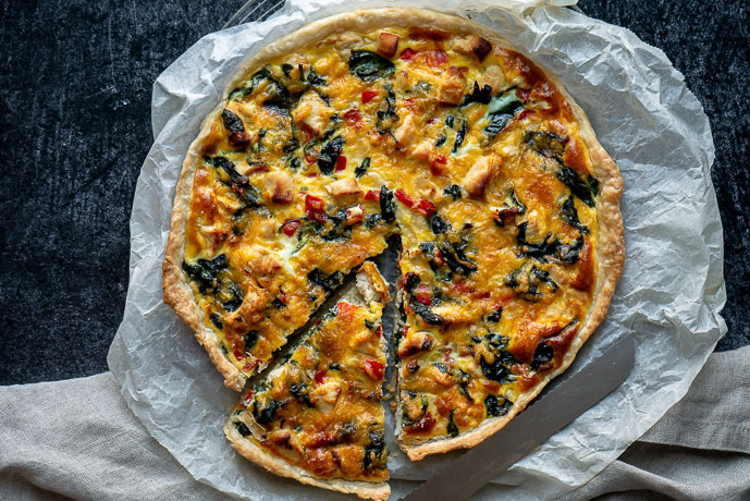 quiche met spinazie en kip, quiche recepten, quiche spinazie, hartige taart spinazie