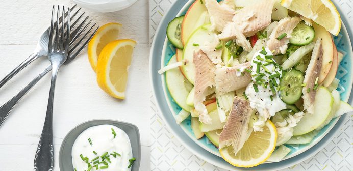 salade met gerookte forel, venkel en appel, salade voorgerechten, luxe salades, salade recepten Kerst, koude voorgerechten