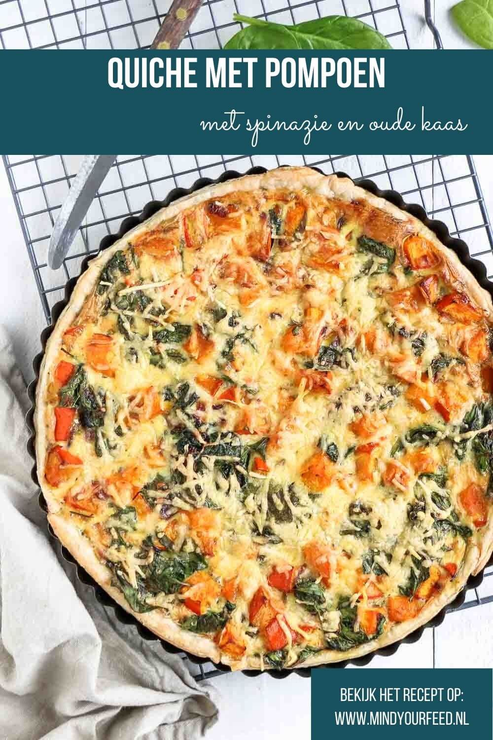 Quiche met pompoen, spinazie en oude kaas, recept voor hartige taart met bladerdeeg, pompoen, spinazie en kaas.