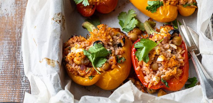 gevulde paprika met rijst en feta, makkelijk recept, Griekse gevulde paprika, vegetarisch