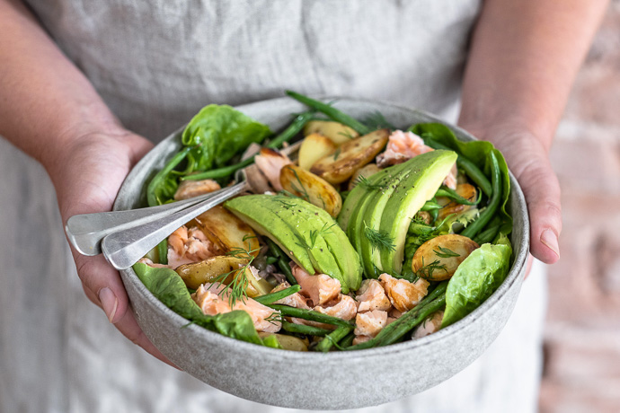 zalm uit de oven, krieltjes met zalm, aardappel salade met zalm uit de oven, met haricots verts en avocado