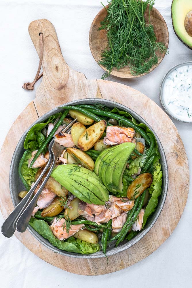 zalm uit de oven, krieltjes met zalm, aardappel salade met zalm uit de oven, met haricots verts en avocado