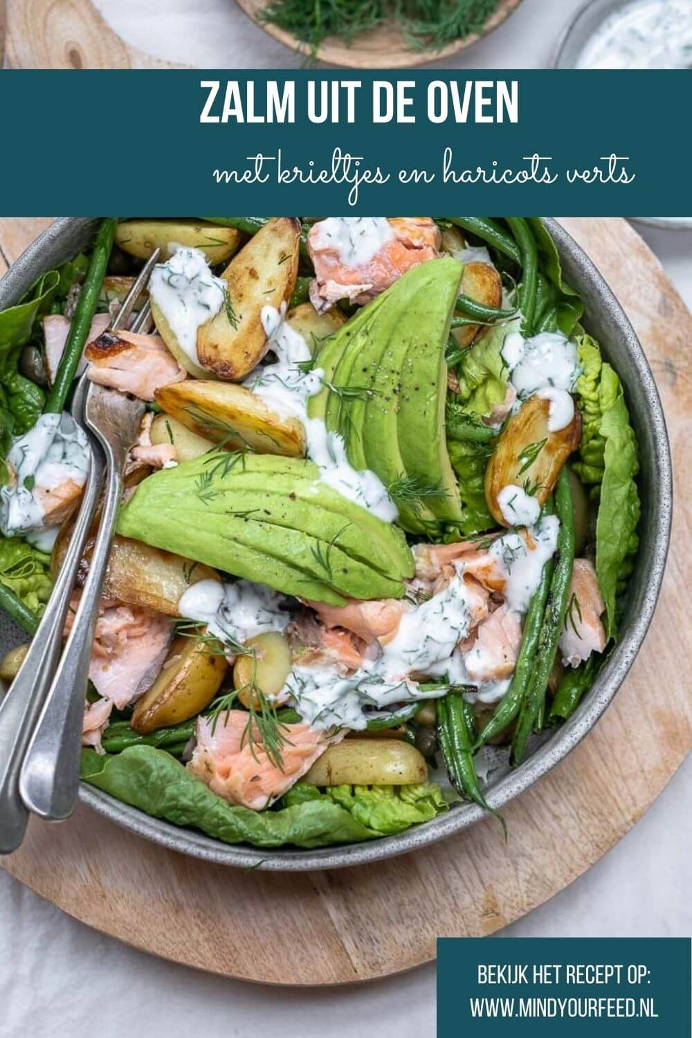 zalm uit de oven, krieltjes met zalm, aardappel salade met zalm uit de oven, met haricots verts en avocado