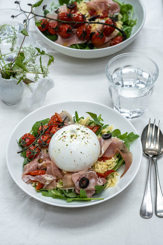 orzo salade, Italiaanse orzo salade, orzo salade met burrata,