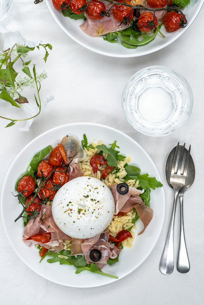 orzo salade, Italiaanse orzo salade, orzo salade met burrata, 