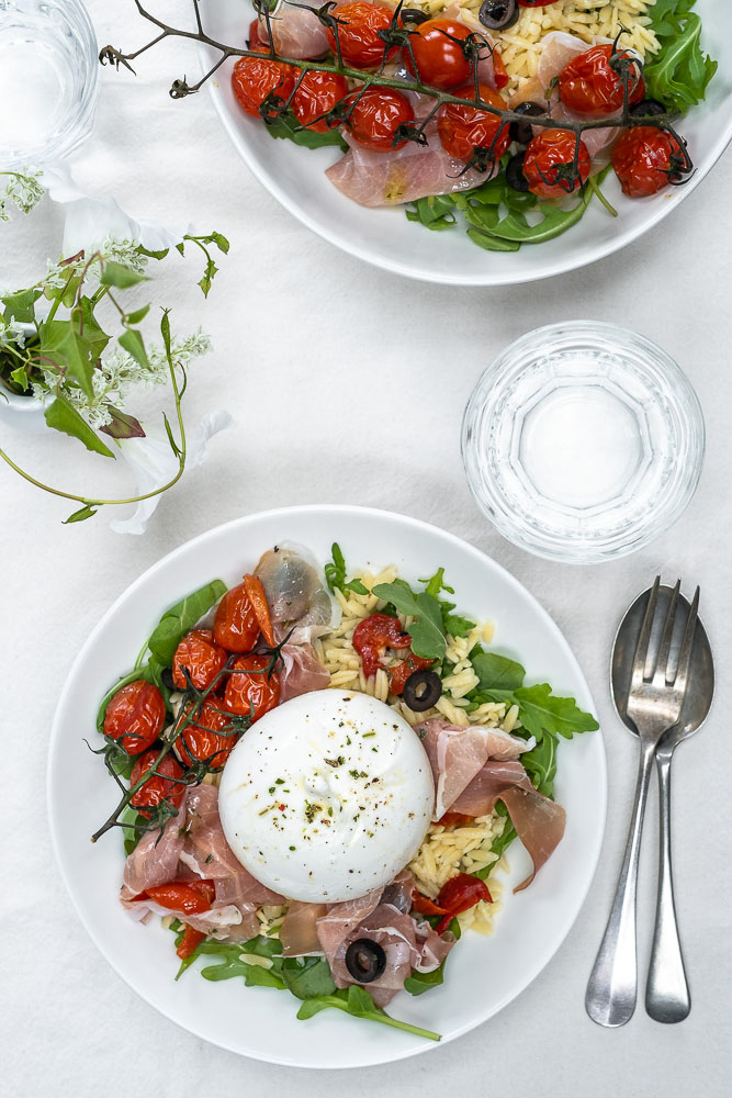 orzo salade, Italiaanse orzo salade, orzo salade met burrata,