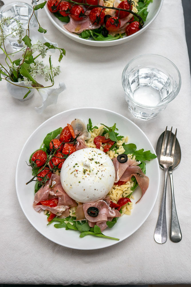 orzo salade, Italiaanse orzo salade, orzo salade met burrata,