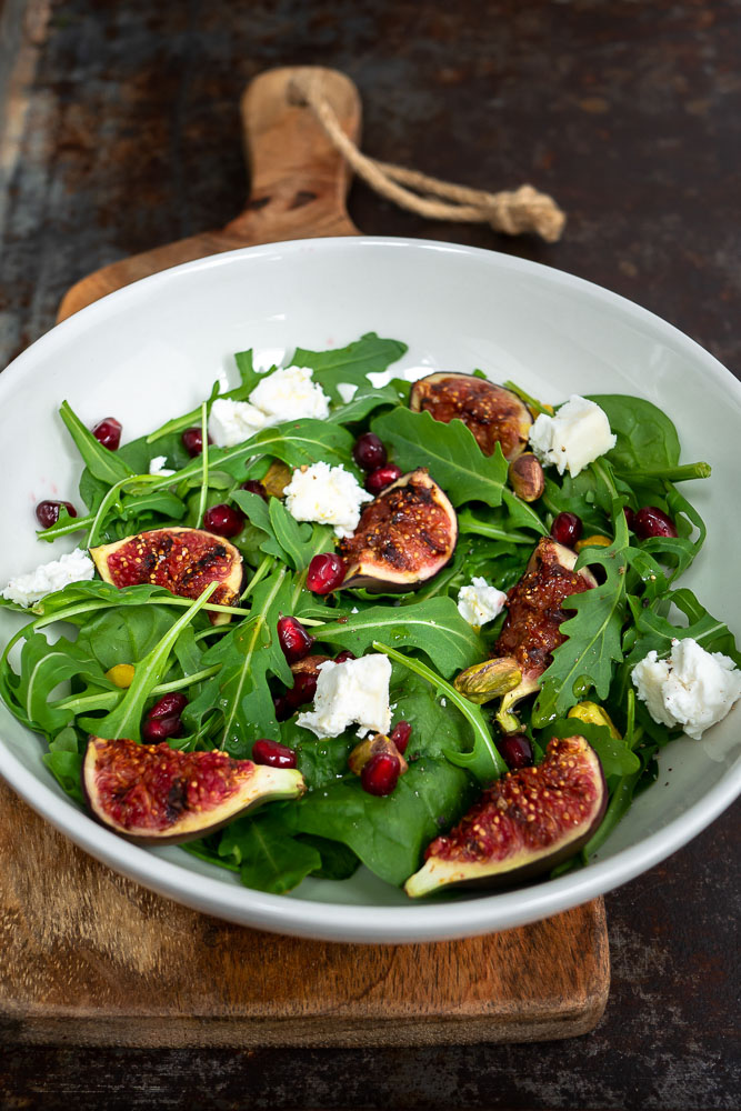 Salade met vijgen en geitenkaas, lunch salade recept, herfst salade