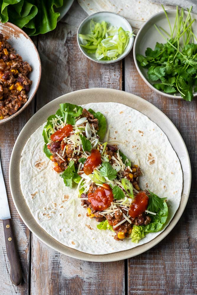 Mexicaanse burrito's met gehakt, tortilla, wraps met gehakt, wereldgerechten, Knorr, zonder pakjes en zakjes, makkelijke maaltijden