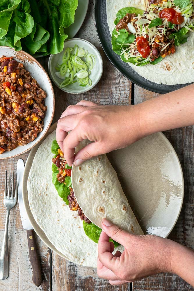 Mexicaanse burrito's met gehakt, tortilla, wraps met gehakt, wereldgerechten, Knorr, zonder pakjes en zakjes, makkelijke maaltijden