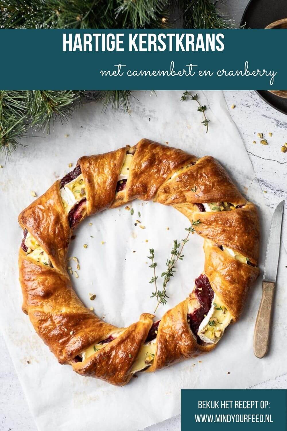 hartige kerstkrans, bladerdeegkrans met camembert en cranberry, hartige krans, hartige kerstkrans, bladerdeeg krans, borrel, croissantdeeg