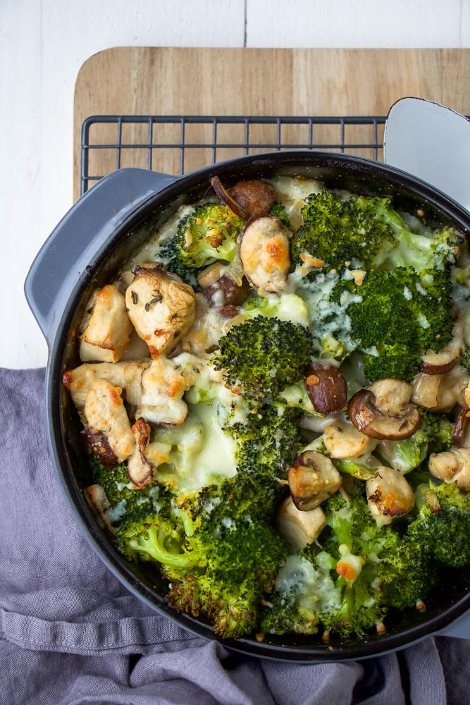 ovenschotel met broccoli, kip en champignons, snelle ovenschotel, broccoli recept