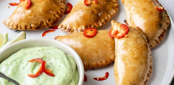 empanadas met gehakt, empanada, gevulde empanada met pittig gehakt, gekruid gehakt, avocado dip