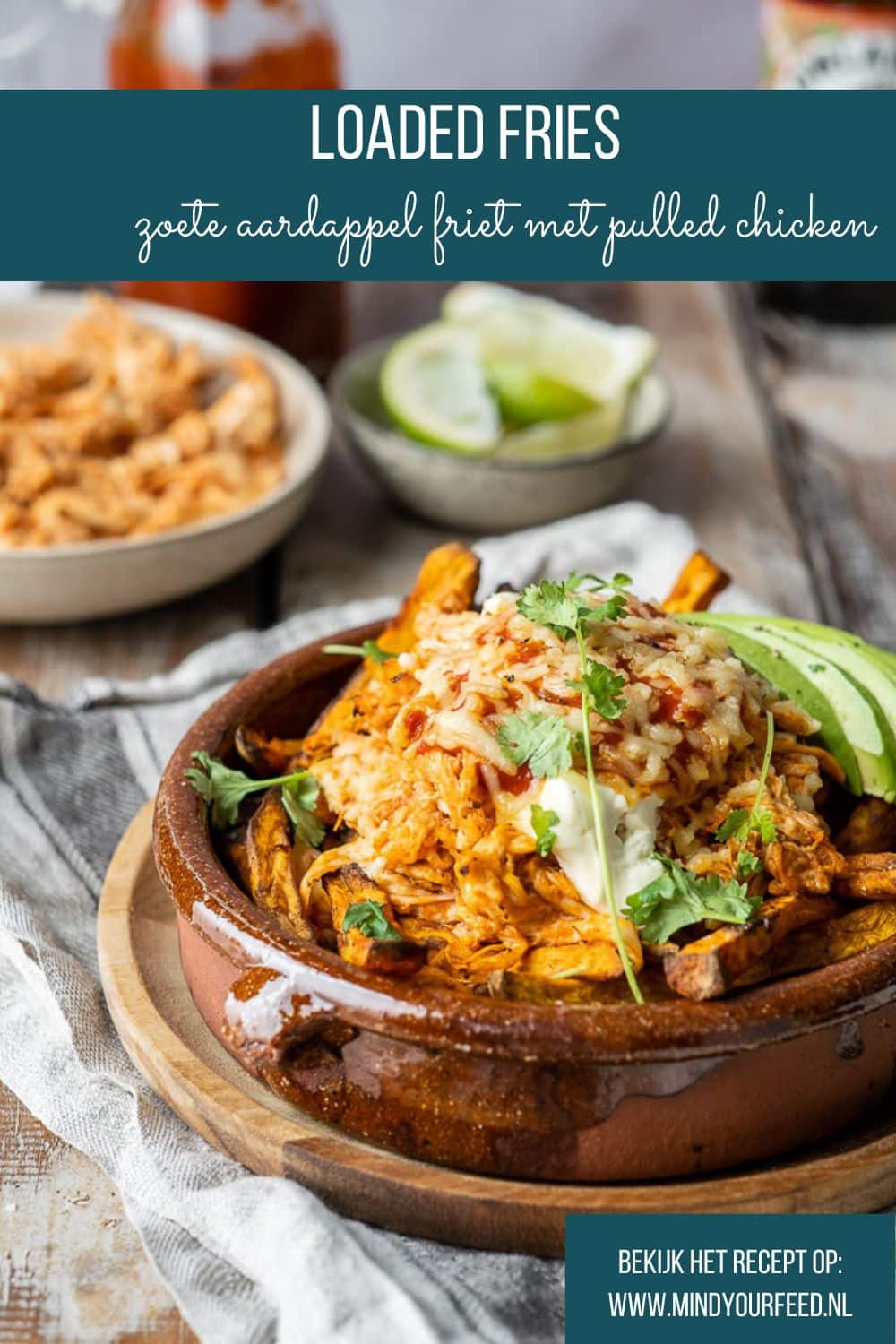 loaded fries, loaded zoete aardappel friet, zoete aardappel friet met pulled chicken