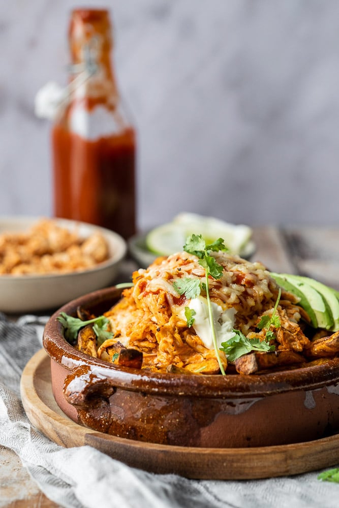 loaded fries, loaded zoete aardappel friet, zoete aardappel friet met pulled chicken