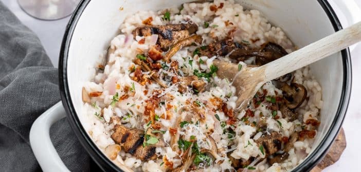risotto, risotto met kip en champignons, recept risotto, romige risotto maken, zelf risotto koken,