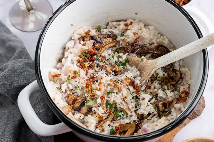 risotto, risotto met kip en champignons, recept risotto, romige risotto maken, zelf risotto koken,