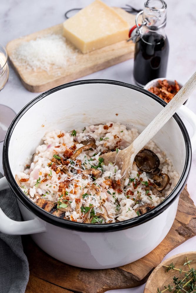 risotto, risotto met kip en champignons, recept risotto, romige risotto maken, zelf risotto koken,