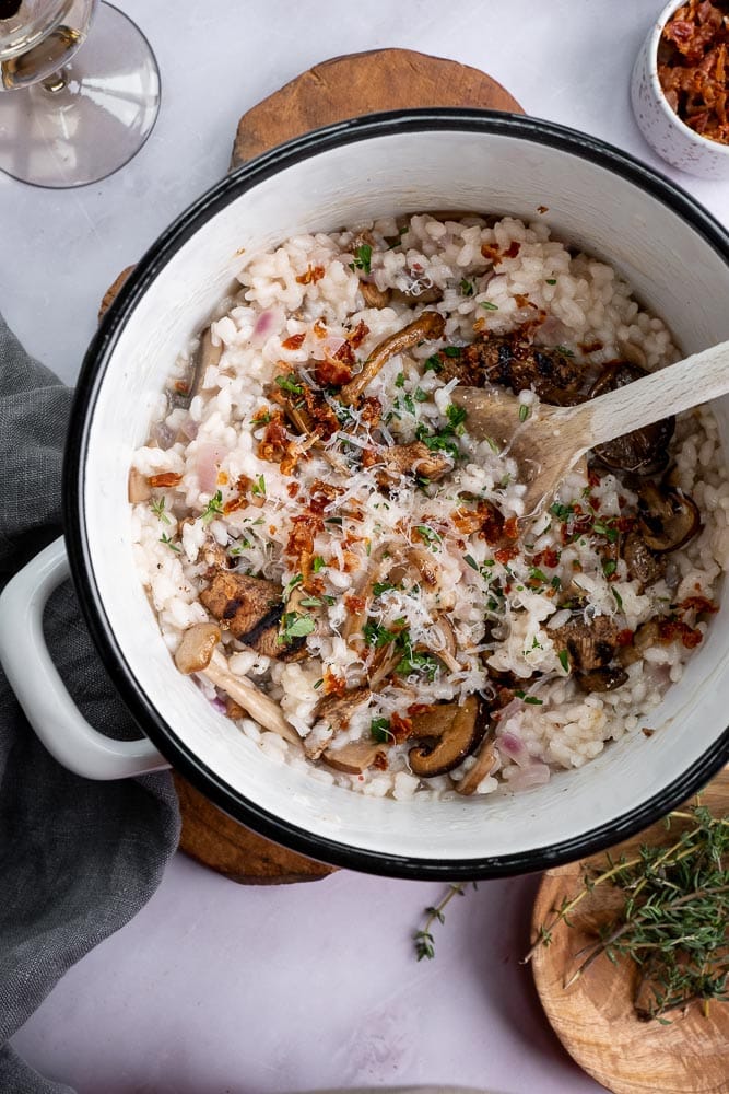 risotto, risotto met kip en champignons, recept risotto, romige risotto maken, zelf risotto koken,