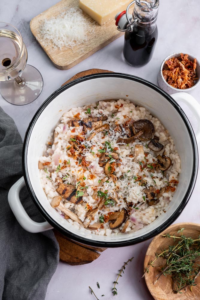 risotto, risotto met kip en champignons, recept risotto, romige risotto maken, zelf risotto koken,