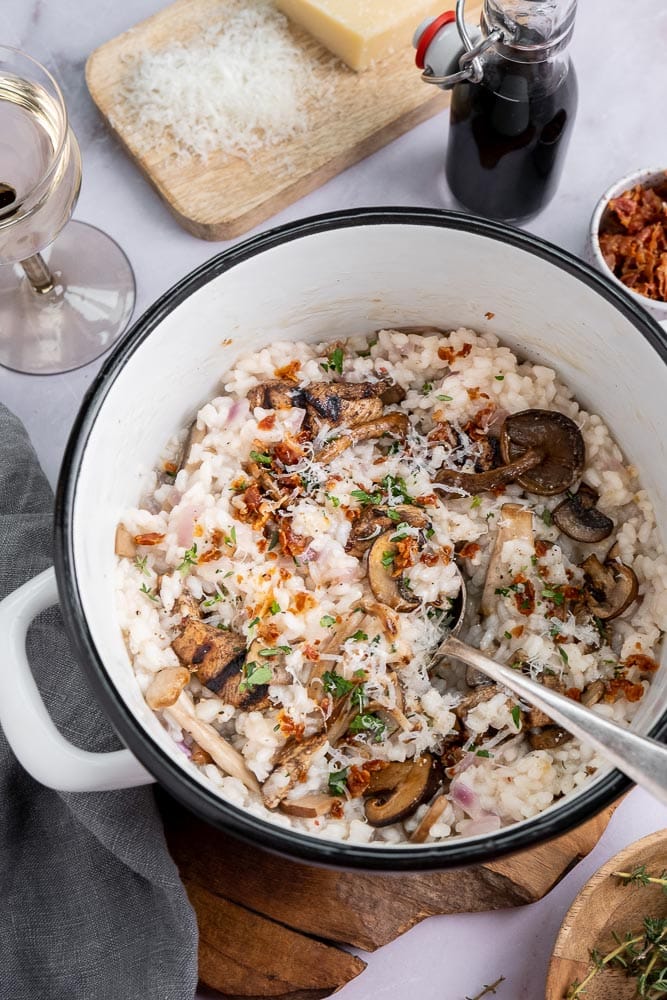 risotto, risotto met kip en champignons, recept risotto, romige risotto maken, zelf risotto koken, 